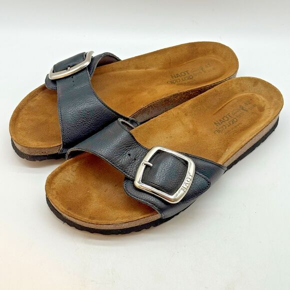 Naot Maryland Soft Leather Slides Men\'s 9 - EU 42 Black Big Buckle Cork Sandals